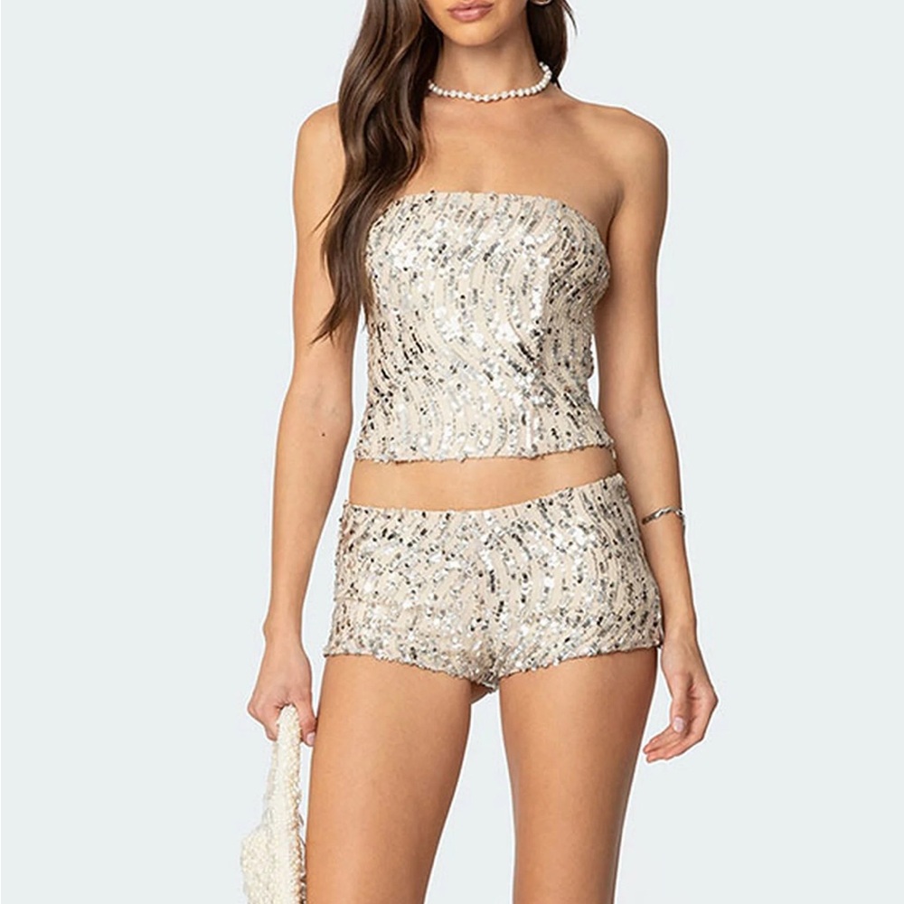 Edikted Cream and Silver Sequin Bandeau Sleepwear Set